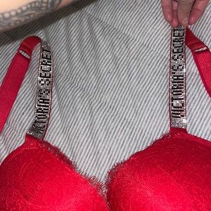 Red lace push up bra with rhinestones sexy